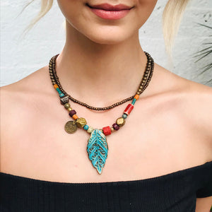 Turquoise Statement Necklace Mothers Day Gift Collier femme Native America Indian Jewelry Leaf Necklace Cadeau Maitresse - Handician